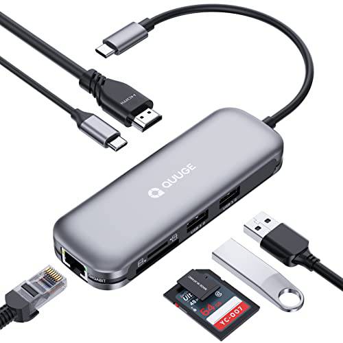 USB C 허브 멀티포트 어댑터, 7 in 1 USB C 도크 HDMI [4K 비전], 1Gbps 이더넷, 100W 충전, 2 USB 3.0 포트 5Gbps 데이터, TF/ SD 카드 리더, 리더기 USB C 동글 맥북, 서피스 프로 More - QUUGE