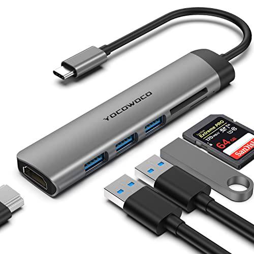 USB C Hub-YOCOWOCO 동글 USB C 어댑터 맥북 프로, 6 in 1 USBC to HDMI 멀티포트 어댑터 4K HDMI, 3 USB 3.0 포트, SD/ TF 카드 리더, 리더기, 허브 호환가능한 USB-C 노트북 and 타입 C 디바이스