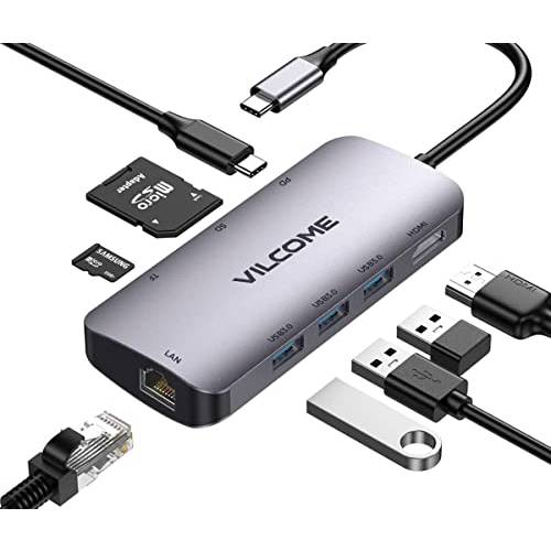 USB C 허브 멀티포트 어댑터, Vilcome 8 in 1 USB C 허브 기가비트 이더넷, 4K HDMI, 100W PD 충전, USB 3.0 5Gbps 데이터 포트, SD/ TF 카드 리더, 리더기, 맥북 프로/ 에어 HP Dell 노트북