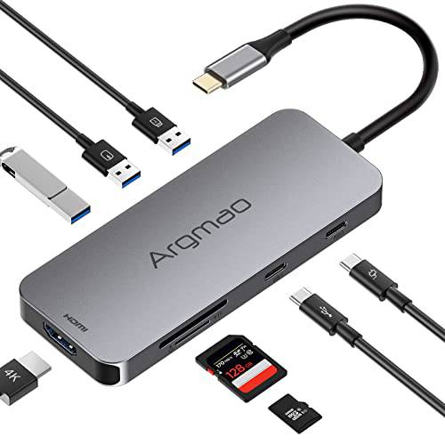 Argmao USB C 허브, 8-in-1 동글, USB C to USB C 데이터 전송, USB-C PD3.0, 4K@30Hz HDMI, 3 USB 3.0, SD/ TF 카드 리더, 리더기 어댑터, 호환가능한 맥북 에어 프로, 크롬북 and Other 타입 C 노트북