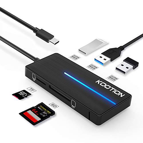 KOOTION 5-in-1 USB-C 허브 SD 카드 리더, 리더기 USB C to USB 3.0 허브, Ultra-Slim Type-C 허브 USB 3.0 어댑터 SD 카드/  마이크로 SD 카드 LED 라이트, 3 x USB 3.0 포트,  카드 리더, 리더기