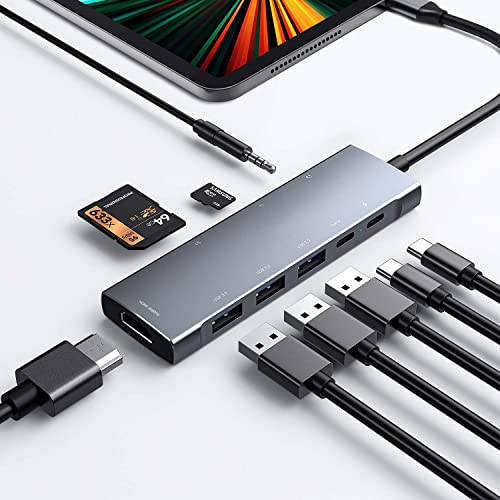 USB C 허브 4K 60Hz 아이패드 프로 9-in-1 어댑터 아이패드 프로 2021 2020 12.9 11 인치 아이패드 에어 5 4 탈부착 스테이션 4K HDMI, 100W PD, SD/ TF 카드 리더, 리더기, USB 3.0, 3.5mm 오디오 잭, 타입 C 데이터, 아이패드 미니 6