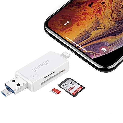 geekgo SD 카드 리더, 리더기, USB 메모리 카드 리더, 리더기 어댑터 뷰어 아이폰 아이패드 안드로이드 Mac - 지원 마이크로 USB OTG 3 in 1 (화이트)