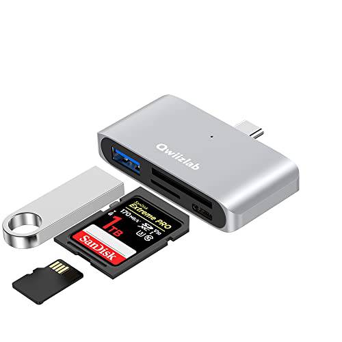 Qwiizlab USB C to 메모리 카드 리더기 SDHC SDXC MicroSDHC MicroSDXC MMC RS-MMC, USB-A 5Gbps, 호환가능한 안드로이드 Mac 윈도우 (실버)