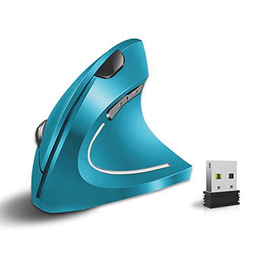 Vassink 인체공학 무선 마우스, 충전식 마우스 2.4Hz 버티컬 무선 광학 마우스 USB 리시버, 6 버튼, 800/ 1200/ 1600 DPI 블루