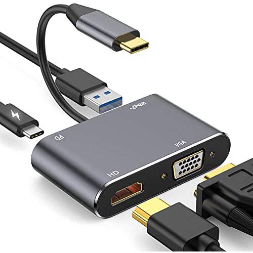 USB C to VGA HDMI 어댑터, 4 in 1 타입 C to 4K HDMI, 1080P VGA, USB 3.0, USB C PD 충전 포트 맥북 프로/ 에어 2020 2019 아이패드 프로/ Dell XPS/ 갤럭시 S8/ S9/ 닌텐도 스위치
