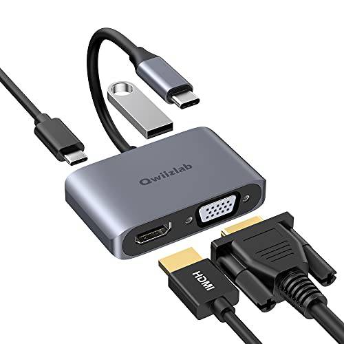 Qwiizlab USB C to HDMI Adapter(4K@30Hz), USB C to VGA Adapter(1080P@60Hz), USB-C PD 60W, USB 3.0 데이터 포트, 멀티포트 허브 Dell XPS, 아이패드 프로, 맥북, 픽셀 북, 서피스 프로, 삼성 갤럭시