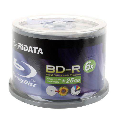 Ridata BD-R 6X 25GB Blu-ray 미디어 화이트 잉크젯 허브 인쇄가능 디스크, 팩 of 50