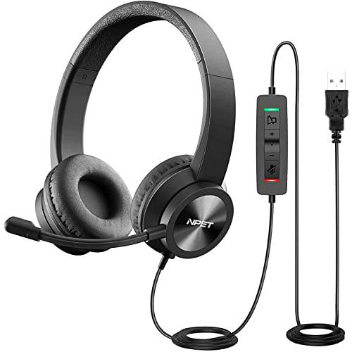 NPET CH20 USB 헤드셋, 스테레오 헤드폰,헤드셋 Noise-Cancelling 마이크,마이크로폰, in-Line 컨트롤, PC/ Mac/ 노트북, 블랙