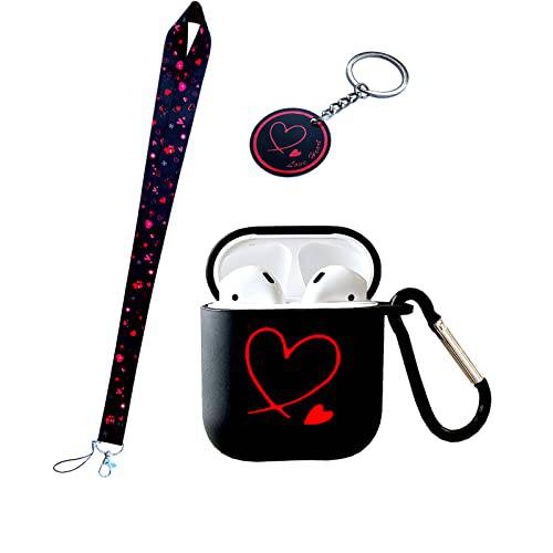 BLRGMZC 팬시 Love Heart 스트랩 키체인,키링,열쇠고리 에어팟 1/ 2 Case，Cute 독특한 레드 Love Heart 개인화 TPU 소프트 에어팟 케이스 프로스트,프로스티드 블랙, 여성스러운 여성 디자인
