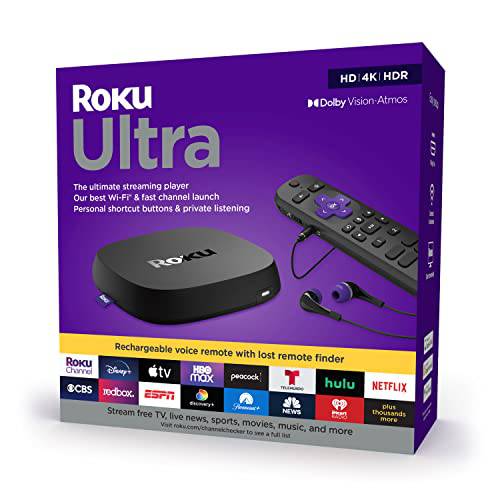 Roku 울트라 2022 4K/ HDR/ Dolby 비전 스트리밍 디바이스 and Roku 음성 리모컨 프로 충전식 배터리, Hands-Free 음성 Controls, Lost 리모컨 파인더, and 개인적 청취