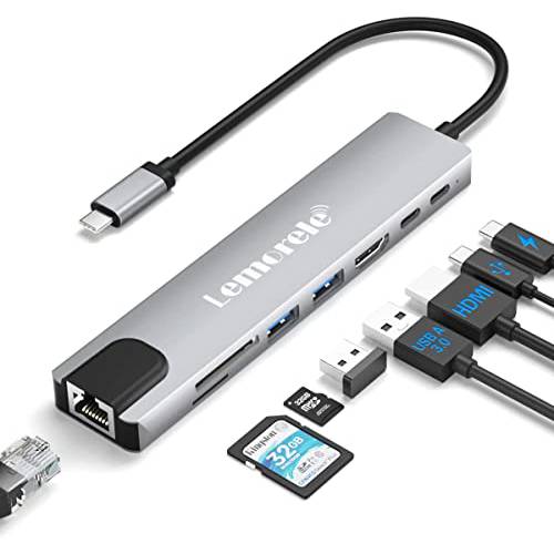 USB C 허브, Lemorele 8 in 1 USB C 허브 멀티포트 어댑터 4K HDMI, 85W PD, USB 3.0 포트, USB C 데이터 포트, SD/ TF 카드 리더, 리더기, USB C 동글 호환가능한 맥북 프로/ 에어 and Other 타입 C 디바이스