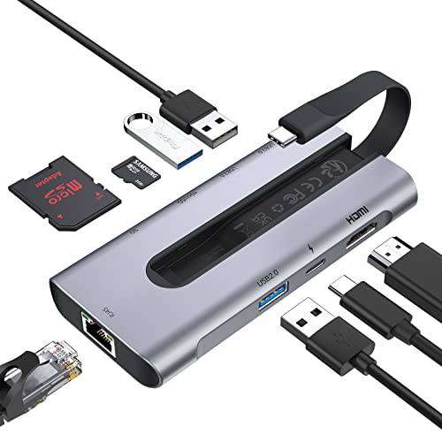 ESR 8-in-1 휴대용 허브, USB-C 허브 기가비트 이더넷, 4K@30Hz HDMI, 100W 파워 Delivery, 2 USB 3.0 포트, 1 USB 2.0 포트, SD/ 마이크로SD 카드 리더, 리더기, 호환가능한 맥북 프로 and Any USB-C 노트북
