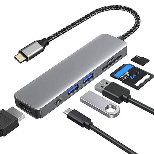 USB C 허브 멀티포트 어댑터 맥북 에어/ 프로/ XPS, Mac 동글 4K HDMI, 100W 고속 충전, 2 USB 3.0 5Gbps 데이터 포트, 마이크로 ft/ SD 카드 리더, 리더기, 6 in 1 Type-C 디바이스