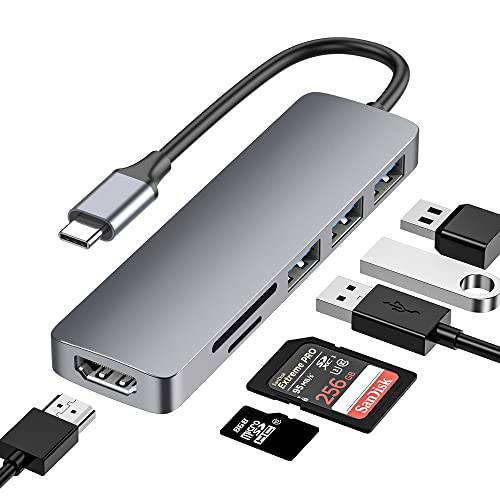 USB C 허브, 6 in 1 맥북 어댑터 USB C to HDMI 동글 USB 3.0, 2 USB 2.0 포트, TF/ SD 카드 리더, 리더기, USB C to USB 멀티포트 허브 호환가능한 맥북 프로/ 에어, 크롬북, XPS, etc