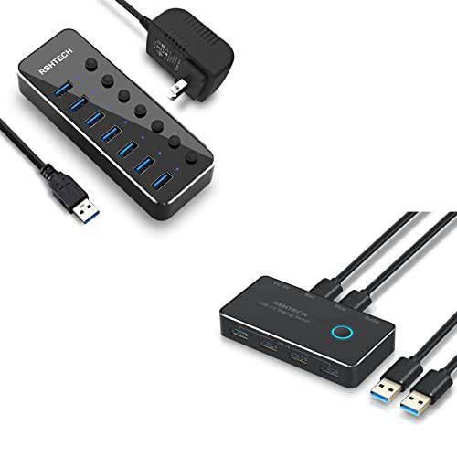 RSHTECH 7 PortPowered USB 3.0 허브 AC 어댑터+ 2 in 5 Out USB 스위치 4 USB 3.0 포트, 3.5mm 오디오 잭 and 2 팩 USB 케이블