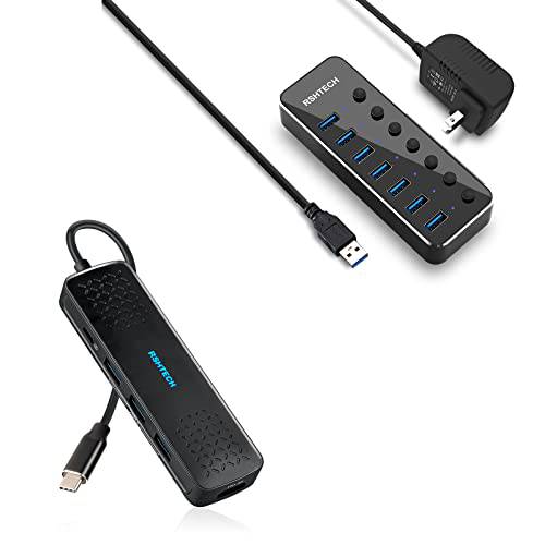 RSHTECH 7 포트 전원 USB 3.0 허브 AC 어댑터+ RSHTECH 6 in 1 USB C 허브 4K HDMI, 100W PD, 3 USB 3.0 포트, 3.5mm 오디오 잭