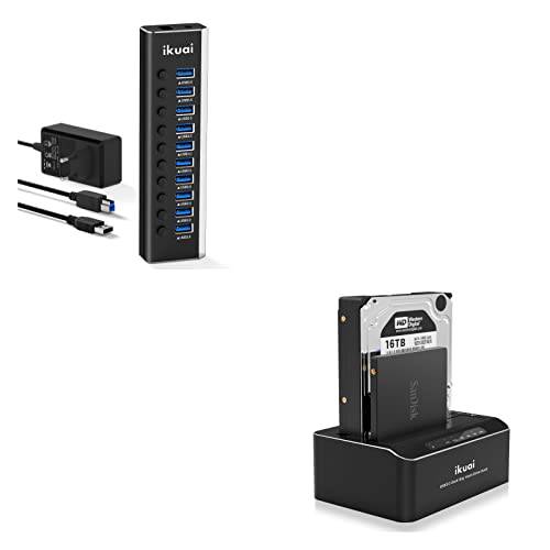 ikuai 10 포트 USB 3.0 허브 12V 3A 파워 어댑터+ USB 3.0 to SATA 듀얼 베이 하드디스크 도크 2.5/ 3.5 SATA HDD SSD I/ II/ III Offline 클론/ 복사기 기능