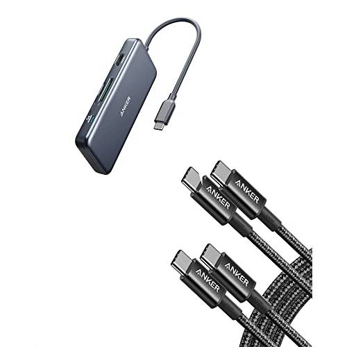 Anker 333 USB C to USB C 케이블 (6ft 100W, 2-Pack), USB 2.0 타입 C 충전 케이블 고속충전& Anker USB C 허브, 341 USB-C 허브 (7-in-1) 4K HDMI, 5 Gbps 데이터 포트, 마이크로SD and SD 카드 리더, 리더기