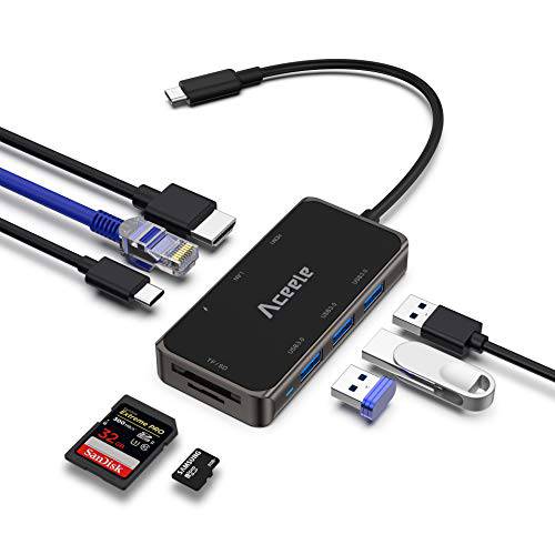 USB C 허브, Aceele 8-in-1 멀티포트 USB C 어댑터 4K USB C to HDMI, 3 USB 3.0 포트, 기가비트 랜포트, PD 충전 포트, SD/ TF 카드 리더, 리더기, 썬더볼트 3 노트북 Type-C 휴대용 휴대폰
