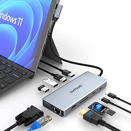 USB C 허브, SUTOUG 12 in 1 탈부착 스테이션 4K HDMI& 1080P VGA, 92W PD, 1Gbps 이더넷, USB-C 3.0& 4 USB-A 데이터 포트, SD TF 카드 리더, 리더기, USB C 어댑터 서피스 프로 맥북 프로 에어&  윈도우