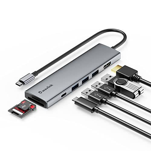 USB C 허브, Wavlink 7-in-1 USB C 멀티포트 어댑터, 100W 파워 Delivery, 4K@30Hz HDMI, SD/ TF 카드 슬롯, 2 USB 3.0, 5Gbps 데이터 포트 PC, USB C 동글 맥북 에어/ 프로, XPS, Type-C 디바이스.