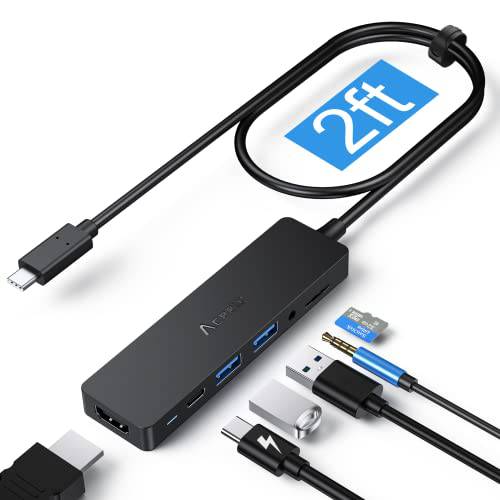 USB C 허브, Aceele 6 in 1 USB C to HDMI 멀티포트 어댑터, 2ft Extended 케이블 USB C 동글 4K HDMI, 2 USB 3.0, 100W PD, 3.5mm 잭, TF 카드 리더, 리더기, 맥북 프로/ XPS and Other 타입 C 디바이스