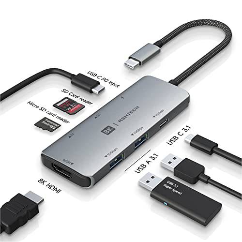 USB C 허브, RSHTECH USB C 동글 어댑터 8K HDMI, 10Gbps USB C and 2 USB A 데이터 포트, 100W 파워 Delivery, SD/ TF 카드 리더, 리더기, 알루미늄 USB 3.1/ 3.2 세대 2 허브 PC and 노트북, RSH-T02