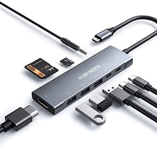 USB C 허브, HUBFINDER 9 in 1 멀티포트 어댑터 100W 파워 Delivery，4K HDMI Output，3 USB3.0 and USB-C 5 Gbps 데이터 Ports，SD/ TF 카드 Reader，3.5mm 헤드폰 Jack，for 맥북 에어, 맥북 프로