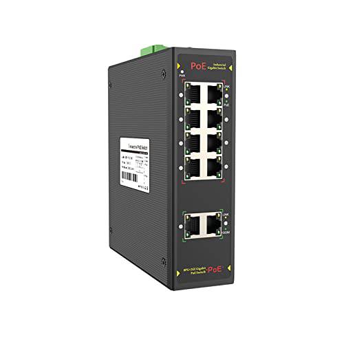 AIGWS 10-Port 산업용 모든 기가비트 스위치, 8X 고속 기가비트 이더넷 포트 and 2X 10/ 100/ 1000M 업링크 포트, IP40, DIN-Rail, Unmanaged 고속 네트워크 스위치 (8*GE PoE+ 2*GE)