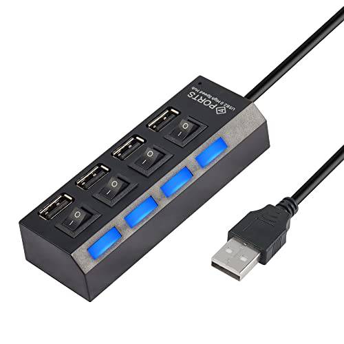 RIIEYOCA 멀티 포트 USB 허브 분배기, 4-Port USB 2.0 데이터 허브 개인 on/ Off 스위치 and LED, 40cm Extended 케이블 USB 포트 확장기 모든 USB 디바이스