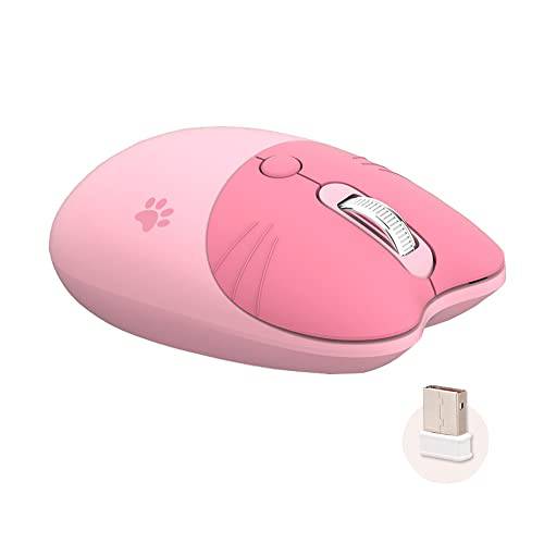 Attoe 귀여운 무선 마우스, 2.4G 무선 무소음 마우스 걸스 Kawaii 마우스 USB 리시버 고양이 테마 마우스 노트북 PC 컴퓨터 MAC (체리 Blossom 핑크)