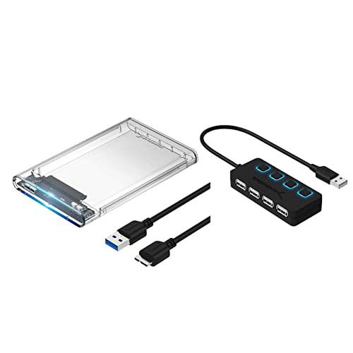 Sabrent 2.5-Inch SATA to USB 3.0 Tool-Free 클리어 외장 하드디스크 인클로저+ 4-Port USB 2.0 허브 개인 LED lit 파워 스위치