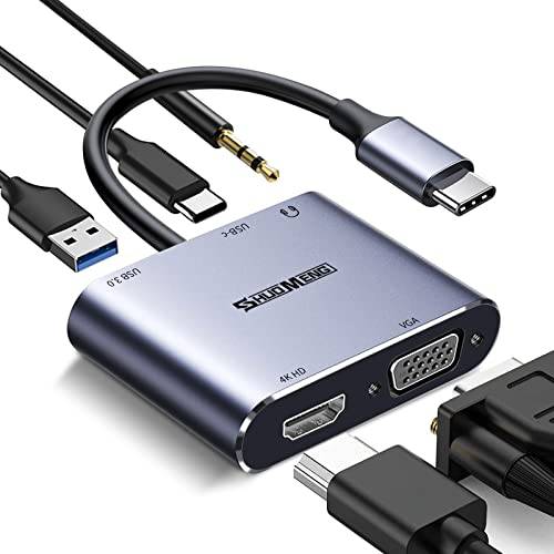 USB C to VGA HDMI 멀티포트 어댑터, USB C 허브 (5 in 1),  4K HDMI VGA 포트, 100W 파워 Delivery, USB 3.0 데이터 포트, 3.5mm 마이크/ 오디오 잭, 맥북 에어/ 프로, Dell, 삼성, Other Type-C 디바이스