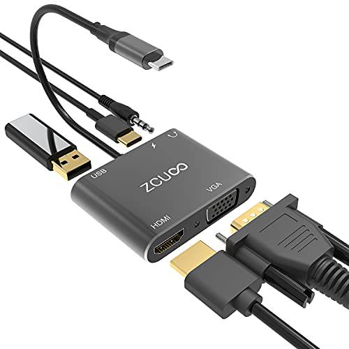 USB C 허브 to HDMI VGA 멀티포트 어댑터, ZCUOO 5-in-1 USB C to vga Multi-Port 어댑터 is 호환가능한 Type-C interfaces Such as USB 3.0 노트북 and 닌텐도 (HDMI VGA USB PD100W 오디오)