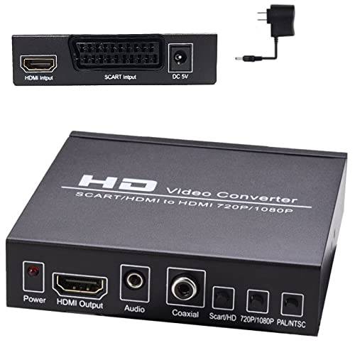 YOTOCAP SCART/ HDMI to HDMI 720P/ 1080P HD 비디오 컨버터, 변환기 SCART to HDMI 어댑터 스위치 PAL/ NTSC 비디오 스케일러, 오디오 3.5mm 동축, Coaxial,COAX 출력.