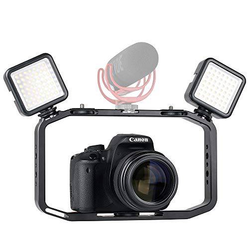Multi-Functional M-Rig 스마트폰 영상 Rig 메탈 with 2 미니 W49 LED 영상 라이트 디머블, 밝기 조절 가능 울트라 브라이트 소형,휴대용 세트 호환 Vlogging Filming Videography