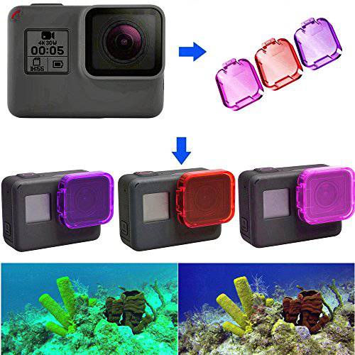 다이버 카메라 렌즈 필터 호환가능한 with 고프로 히어로 5 and 6 (3-Pack) 방수 다이빙 하우스 케이스 덮개 | Enhance 수중 Picture and 영상 Clarity | Red, Pink, 마젠타, 자홍색