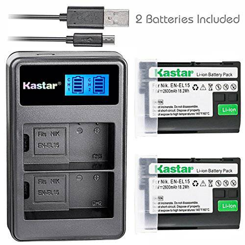 Kastar 배터리 2 팩, 마스크, 마스크팩+  듀얼 LCD USB 충전 for 니콘 EN-EL15 ENEL15&  니콘 1 V1, D500, D600, D610, D750, D800, D7000, D7100, D800, D800E DSLR Camera, MB-D11, MB-D12, MB-D14, MB-D15, MB-D16 그립