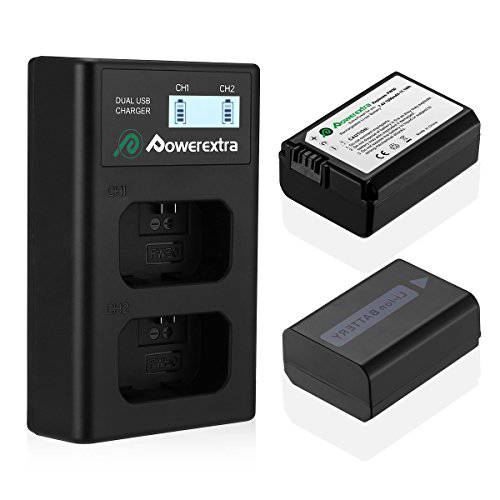 Powerextra 2 Pack 교체용 소니 NP-FW50 배터리&  똑똑한 LCD 디스플레이 이중 Channel 충전 호환가능한 for 소니 Alpha a6500, a6300, a6000, a7s, a7, a7s ii, a7s, a5100, a5000, a7r, a7 ii 카메라