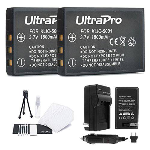 KLIC-5001 배터리 2-Pack 번들,묶음 with 래피드 여행용 충전 and UltraPro 악세사리 Kit for Kodak 카메라 Including EasyShare P850, P880, DX6490, and DX7440