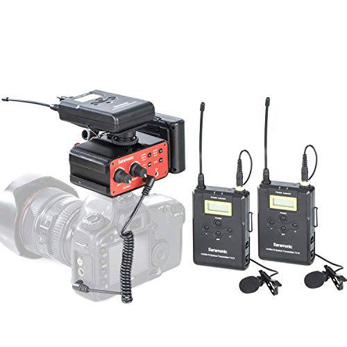 Saramonic 무선 UHF 이중 Lavalier 마이크,마이크로폰 시스템 with 2 Bodypack Transmitters, 2 휴대용 Receivers, and a 고급 오디오 믹서,휘핑기 for DSLR 카메라&  캠코더