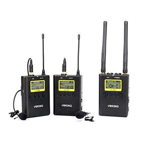 Voking WM220 UHF 100 선택가능 채널 무선 듀얼 라발리에 마이크,마이크로폰 시스템, 포함 2X Bodypack 송신기 and 휴대용 리시버 캐논, 니콘 and 소니 DSLR 카메라 and 캠코더