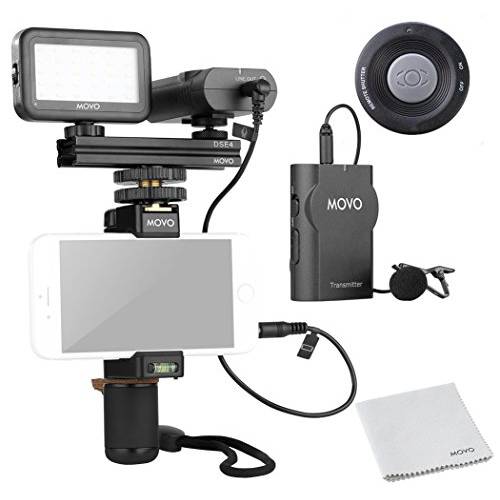 Movo 무선 스마트폰 영상 Kit V2 with 그립 Rig, 무선 Lavalier Microphone, LED 라이트 and 무선 원격 - 유튜브 장비 for iPhone 5, 5C, 5S, 6, 6S, 7, 8, X, XS, XS Max, 삼성 갤럭시
