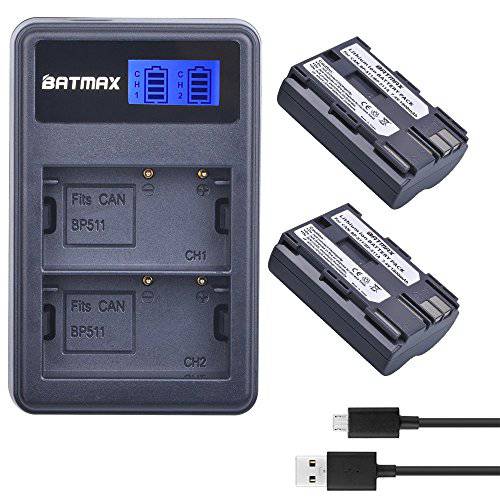 Batmax 2Packs 고 용량 BP-511A BP-511 BP 511 511A 배터리+  LCD 이중 USB 충전 for 캐논 EOS 5D, 10D, 20D, 30D, 40D, 50D, 디지털 Rebel 1D, D60, 300D, D30, Kiss Powershot G5, 프로