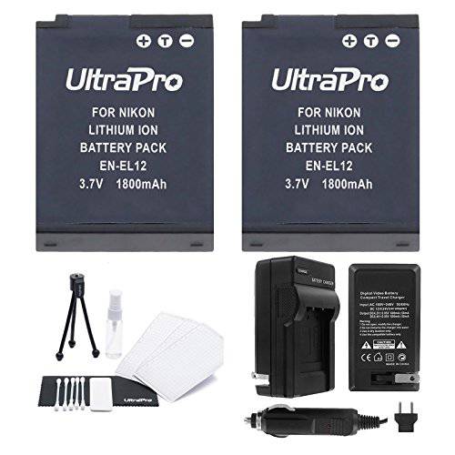 EN-EL12 배터리 2-Pack 번들,묶음 with 래피드 여행용 충전 and UltraPro 악세사리 Kit for Nikon 카메라 Including Coolpix S9300, S9400, S9500, S6300, and S8200