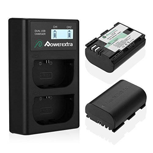 Powerextra 2 Pack 교체용 캐논 LP-E6 배터리&  듀얼 배터리 충전 USB LCD 디스플레이 호환가능한 for 캐논 EOS 80D, 6D, 7D, 70D, 60D, 5D Mark III, 5D Mark II, BG-E14, BG-E11, BG-E9, BG-E7