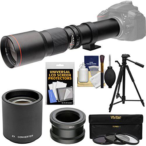 Vivitar 500mm f/ 8.0 망원 렌즈 with 2X Teleconverter (=1000mm)+  삼각대+  필터 Kit for 소니 Alpha A3000, A5000, A5100, A6000, A7, A7R, A7S E-Mount 카메라