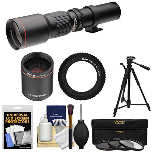Vivitar 500mm f/ 8.0 망원 렌즈 with 2X Teleconverter (=1000mm)+  삼각대+ 3 필터 Kit for 캐논 EOS 6D, 70D, 7D, 5DS, 5D Rebel T3, T3i, T5, T5i, T6i, T6s, SL1 카메라