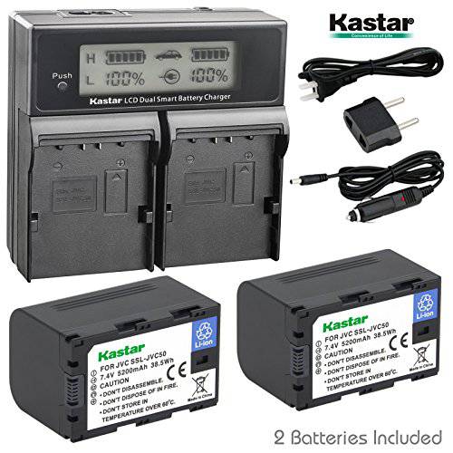 Kastar LCD 이중 스마트 고속 충전기&  배터리 (2 Pack) for JVC SSL-JVC50 and JVC GY-HMQ10, GY-LS300, GY-HM200, GY-HM600, GY-HM600E, GY-HM600EC, GY-HM650 GY-HM250